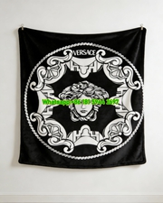 Versace Black White Medusa Baroque Emblem Printed Flannel Throw Blanket IMG_1295